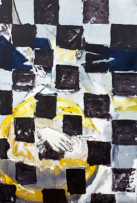 Antony Valerian: Mona Lisas Hands #7, 2020, oil on wood, 207 x 140 cm 

